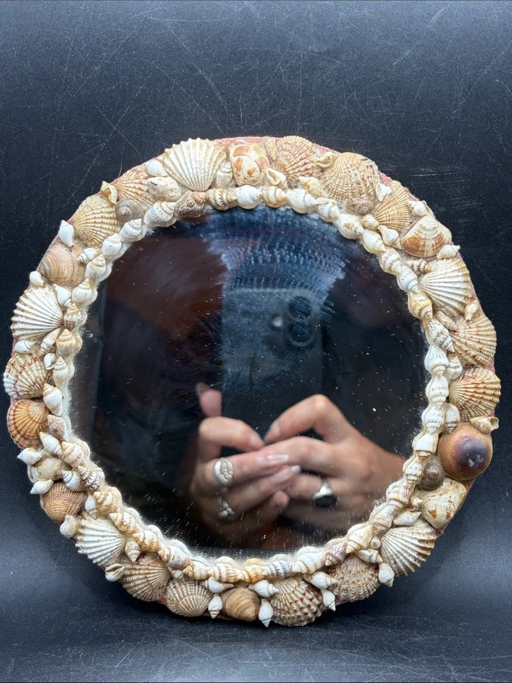 Vintage Handmade Seashell Boho Mid Century Coastal Mermaid Round Shell Mirror